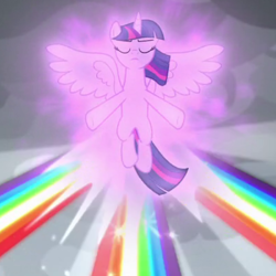 Size: 600x600 | Tagged: safe, screencap, character:twilight sparkle, character:twilight sparkle (alicorn), species:alicorn, species:pony, episode:the ending of the end, g4, my little pony: friendship is magic, cropped, floating, magic, magic aura, magic of friendship, rainbow, rainbow of harmony, spread wings, wings
