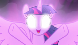 Size: 1200x700 | Tagged: safe, screencap, character:twilight sparkle, character:twilight sparkle (alicorn), species:alicorn, species:pony, episode:the ending of the end, g4, my little pony: friendship is magic, glowing eyes, happy, magic, spread hooves