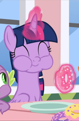 Size: 614x939 | Tagged: safe, screencap, character:spike, character:twilight sparkle, character:twilight sparkle (alicorn), species:alicorn, species:pony, episode:the ending of the end, g4, my little pony: friendship is magic, chewing, chipmunk cheeks, cropped, cute, donut, eating, food, glowing horn, happy, horn, levitation, magic, offscreen character, puffy cheeks, solo focus, telekinesis, twiabetes