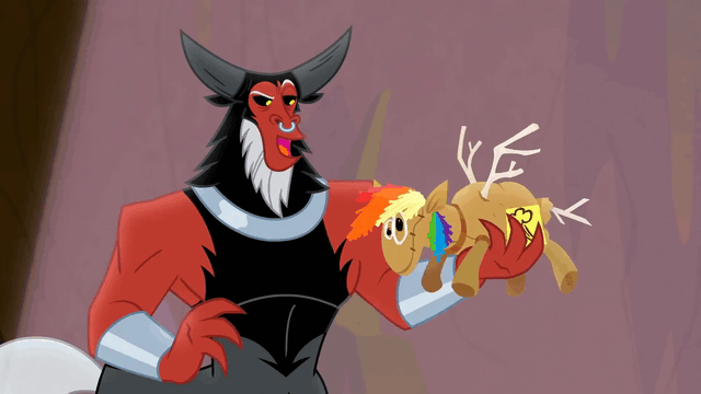 Size: 640x360 | Tagged: safe, screencap, character:lord tirek, character:rainbow dash, species:centaur, episode:frenemies, g4, my little pony: friendship is magic, animated, armpits, better way to be bad, doll, evil grin, evil lair, gif, grin, grogar's lair, implied murder, implied rainbow dash, lair, male, nose piercing, nose ring, piercing, plushie, punch, smiling, solo, toy, violence