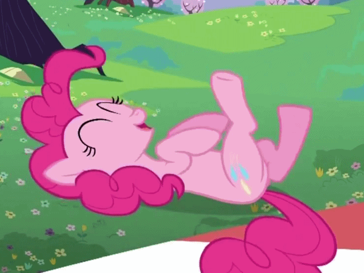 Size: 738x554 | Tagged: safe, screencap, character:pinkie pie, species:earth pony, species:pony, episode:lesson zero, g4, my little pony: friendship is magic, animated, cropped, cute, diapinkes, eyes closed, female, gif, hoofy-kicks, laughing, laughingmares.jpg, mare, on back, open mouth, solo