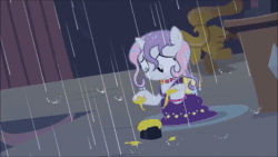 Size: 1280x720 | Tagged: safe, screencap, character:rarity, character:sweetie belle, species:pony, species:unicorn, episode:for whom the sweetie belle toils, animated, cloud, evil laugh, laughing, nightmare, rain, raricloud, sound, webm, wet, wet mane