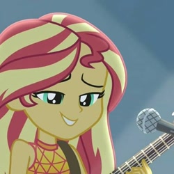 Size: 480x480 | Tagged: safe, screencap, character:sunset shimmer, episode:let it rain, g4, my little pony:equestria girls, cropped, guitar, microphone, musical instrument, play, song