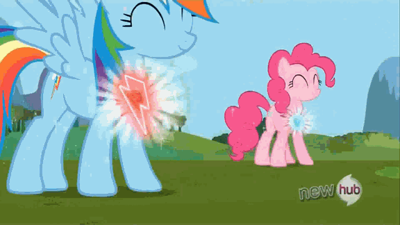 Size: 576x324 | Tagged: safe, screencap, character:pinkie pie, character:rainbow dash, episode:keep calm and flutter on, g4, my little pony: friendship is magic, animated, element of laughter, element of loyalty, hub logo