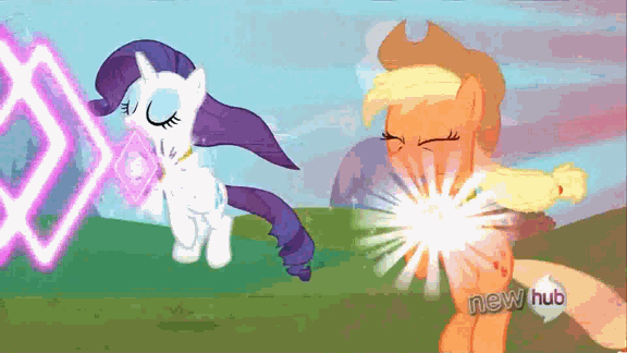 Size: 576x324 | Tagged: safe, screencap, character:applejack, character:rarity, character:twilight sparkle, episode:keep calm and flutter on, g4, my little pony: friendship is magic, animated, element of generosity, element of honesty, element of magic, hub logo
