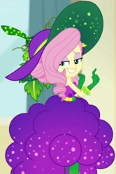 Size: 392x589 | Tagged: safe, screencap, character:fluttershy, equestria girls:holidays unwrapped, g4, my little pony:equestria girls, bare shoulders, belt, clothing, cornucopia costumes, costume, cropped, cute, dress, food, geode of fauna, gloves, grapes, grin, hat, huggable, leaf, leggings, lidded eyes, magical geodes, o come all ye squashful, sleeveless, smiling, vine