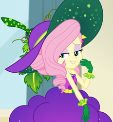 Size: 608x655 | Tagged: safe, screencap, character:fluttershy, equestria girls:holidays unwrapped, g4, my little pony:equestria girls, bare shoulders, belt, clothing, cornucopia costumes, costume, cropped, cute, dress, food, geode of fauna, gloves, grapes, hat, huggable, jewelry, leaf, lidded eyes, magical geodes, necklace, o come all ye squashful, sleeveless, smiling, vine
