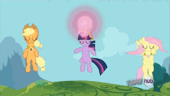 Size: 576x324 | Tagged: safe, screencap, character:applejack, character:fluttershy, character:twilight sparkle, episode:keep calm and flutter on, g4, my little pony: friendship is magic, animated, big crown thingy, element of honesty, element of kindness, element of magic, hub logo