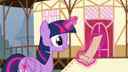 Size: 1280x720 | Tagged: safe, screencap, character:pinkie pie, character:twilight sparkle, character:twilight sparkle (alicorn), species:alicorn, species:earth pony, species:pony, episode:the one where pinkie pie knows, g4, my little pony: friendship is magic, angry, animated, book, duo, duo female, egghead, faec, female, glowing horn, horn, lip bite, magic, smiling, sound, starry eyes, telekinesis, that pony sure does love books, webm, wingding eyes