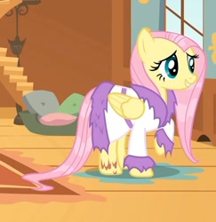Size: 738x759 | Tagged: safe, screencap, character:fluttershy, species:pony, episode:hurricane fluttershy, g4, my little pony: friendship is magic, bathrobe, clothing, cropped, raised hoof, robe, solo, wet mane