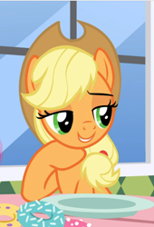 Size: 614x902 | Tagged: safe, screencap, character:applejack, species:earth pony, species:pony, episode:the ending of the end, g4, my little pony: friendship is magic, cropped, donut, female, food, hoof under chin, lidded eyes, mare, raised hoof, smiling, solo, stupid sexy applejack