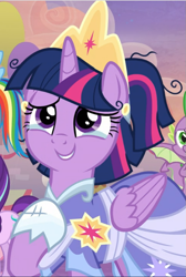 Size: 631x940 | Tagged: safe, screencap, character:spike, character:twilight sparkle, character:twilight sparkle (alicorn), species:alicorn, species:pony, episode:the last problem, g4, my little pony: friendship is magic, cropped, crown, crying, jewelry, messy mane, offscreen character, regalia, second coronation dress, solo focus, tears of joy, teary eyes