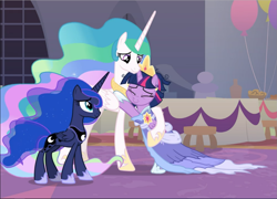 Size: 1305x940 | Tagged: safe, screencap, character:princess celestia, character:princess luna, character:twilight sparkle, character:twilight sparkle (alicorn), species:alicorn, species:pony, episode:the last problem, g4, my little pony: friendship is magic, all is well, alternate hairstyle, balloon, cropped, crown, ethereal mane, eyes closed, female, flowing mane, folded wings, former princess celestia, former princess luna, goodbye, hoof shoes, hug, jewelry, mare, messy mane, proud, regalia, retirement, royal sisters, second coronation dress, siblings, sisters, teacher and student, trio, wings