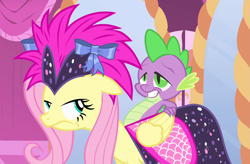 Size: 1415x930 | Tagged: safe, screencap, character:fluttershy, character:spike, species:dragon, species:pegasus, species:pony, episode:green isn't your color, g4, my little pony: friendship is magic, clothing, cropped, dress, female, fluttershy is not amused, male, mare, unamused