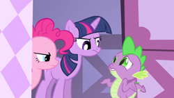 Size: 1920x1080 | Tagged: safe, screencap, character:pinkie pie, character:spike, character:twilight sparkle, character:twilight sparkle (unicorn), species:dragon, species:earth pony, species:pony, species:unicorn, episode:green isn't your color, g4, my little pony: friendship is magic, female, male, mare