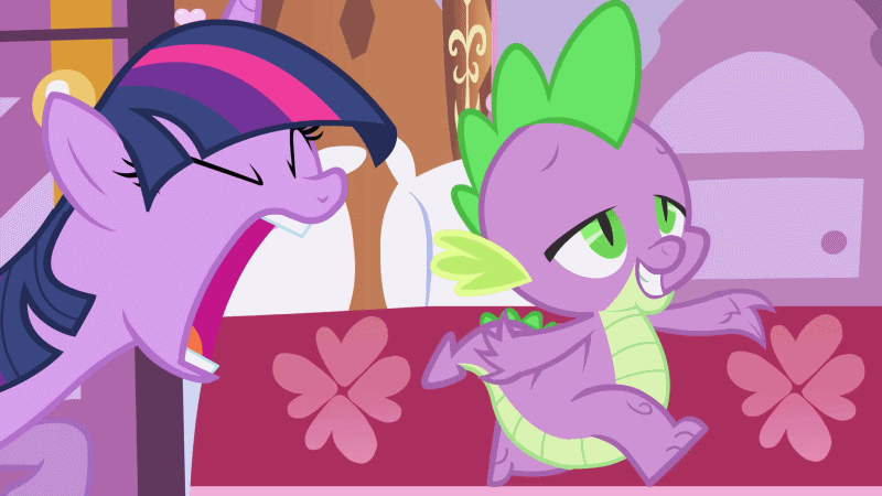 Size: 800x450 | Tagged: safe, screencap, character:spike, character:twilight sparkle, character:twilight sparkle (unicorn), species:dragon, species:pony, species:unicorn, episode:green isn't your color, g4, my little pony: friendship is magic, animated, bed, biting, female, gif, male, mare, pillow, surprised, tail, tail bite, tail pull, wide eyes, yoink