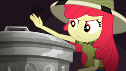 Size: 1920x1080 | Tagged: safe, screencap, character:apple bloom, episode:the canterlot movie club, eqg summertime shorts, g4, my little pony:equestria girls, adorabloom, clothing, cute, daring do costume, female, hat, pith helmet, solo, trash can