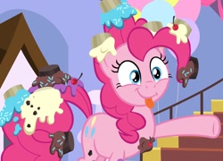 Size: 1500x1080 | Tagged: safe, screencap, character:pinkie pie, species:earth pony, species:pony, episode:the ending of the end, g4, my little pony: friendship is magic, cherry, cropped, cupcake, cute, diapinkes, faec, food, messy mane, silly, silly face, silly pony, solo, tongue out