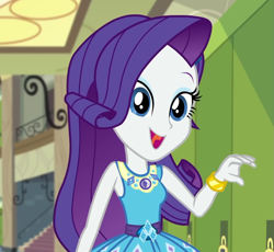 Size: 1139x1046 | Tagged: safe, screencap, character:rarity, episode:best trends forever, g4, my little pony:equestria girls, best trends forever: rainbow dash, bracelet, canterlot high, cropped, cute, female, geode of shielding, hallway, jewelry, lockers, magical geodes, open mouth, raribetes, smiling, solo