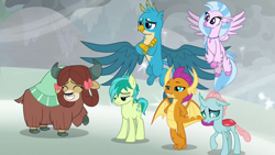 Size: 1280x720 | Tagged: safe, screencap, character:gallus, character:ocellus, character:sandbar, character:silverstream, character:smolder, character:yona, species:changedling, species:changeling, species:classical hippogriff, species:dragon, species:earth pony, species:griffon, species:hippogriff, species:pony, species:reformed changeling, species:yak, episode:the ending of the end, g4, my little pony: friendship is magic, arm behind back, best friends, blizzard, claws, cloven hooves, crossed arms, crossed legs, curved horn, cute, diaocelles, diastreamies, dragoness, eyes closed, female, final battle, flying, grin, hair bow, horn, horns, jewelry, lidded eyes, looking down, male, monkey swings, necklace, pearl necklace, raised hoof, smiling, smugder, snow, snowfall, spread wings, student six, talons, teenaged dragon, teenager, unshorn fetlocks, wings
