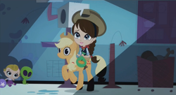 Size: 1434x778 | Tagged: safe, screencap, character:applejack, species:human, species:pony, ashleigh ball, bandana, blythe baxter, cameo, clothing, cosplay, costume, cowboy hat, cropped, crossover, female, halloween, halloween costume, hat, holiday, littlest pet shop, rocking horse, screenshots, solo, stetson, voice actor joke