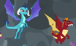 Size: 510x312 | Tagged: safe, screencap, character:garble, character:princess ember, species:changeling, species:dragon, episode:the ending of the end, g4, my little pony: friendship is magic, cloud, cropped, female, flying, fume, male, offscreen character, scalio, spear (dragon), thod