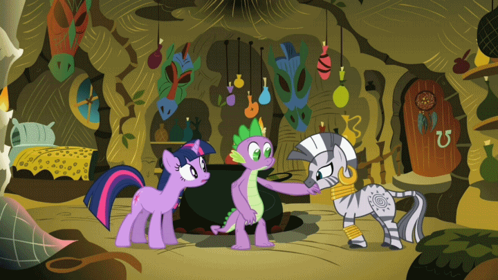 Size: 720x405 | Tagged: safe, screencap, character:spike, character:twilight sparkle, character:zecora, species:dragon, species:pony, species:unicorn, species:zebra, episode:secret of my excess, g4, my little pony: friendship is magic, animated, female, male, mare, slap, teenage spike, zecora's hut