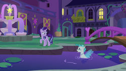 Size: 1920x1080 | Tagged: safe, screencap, character:starlight glimmer, character:terramar, species:pony, species:seapony (g4), species:unicorn, episode:student counsel, bridge, duo, female, fountain, looking at each other, male, mare, night, open mouth, pond, raised hoof, school of friendship, situation, teenager, water, worried