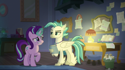 Size: 1920x1080 | Tagged: safe, screencap, character:starlight glimmer, character:terramar, species:classical hippogriff, species:hippogriff, species:pony, species:unicorn, episode:student counsel, book, duo, female, jewelry, lamp, magic, magic aura, male, map, mare, necklace, raised eyebrow, raised hoof, silverstream's room