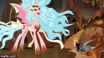Size: 360x202 | Tagged: safe, screencap, character:cozy glow, character:lord tirek, character:queen chrysalis, species:alicorn, species:centaur, species:changeling, species:pegasus, species:pony, episode:the ending of the end, g4, my little pony: friendship is magic, alicornified, animated, changeling queen, cozycorn, discord magic, evil lair, evil magic, female, giant demon alicorn cozy glow, giant pony, gif, gif for breezies, grogar's bell, grogar's lair, imgflip, lair, macro, male, picture for breezies, race swap, ultimate chrysalis