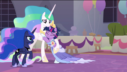 Size: 1920x1080 | Tagged: safe, screencap, character:princess celestia, character:princess luna, character:twilight sparkle, character:twilight sparkle (alicorn), species:alicorn, species:pony, episode:the last problem, g4, my little pony: friendship is magic, balloon, big crown thingy 2.0, bipedal, broach, clothing, coronation, coronation dress, crown, dress, eyes closed, former princess celestia, former princess luna, hug, jewelry, messy mane, missing accessory, momlestia, momlestia fuel, raised leg, rearing, regalia, second coronation dress, squishy cheeks, stool, table