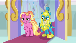 Size: 1920x1080 | Tagged: safe, screencap, character:gallus, character:luster dawn, character:princess flurry heart, species:alicorn, species:griffon, species:pony, species:unicorn, episode:the last problem, g4, my little pony: friendship is magic, armor, carpet, door, duo, female, helmet, male, mare, nervous, royal guard, royal guard armor, royal guard gallus, smiling, stained glass