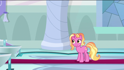 Size: 1920x1080 | Tagged: safe, screencap, character:luster dawn, species:pony, species:unicorn, episode:the last problem, g4, my little pony: friendship is magic, carpet, pillar, smiling, solo, stained glass, throne room