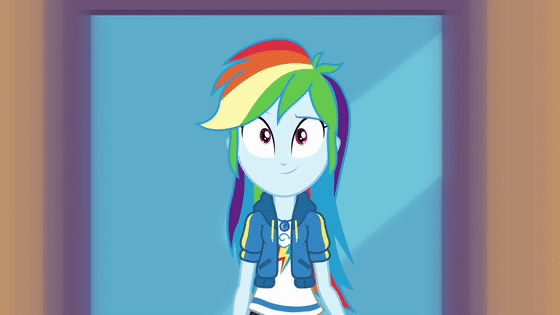 Size: 560x315 | Tagged: safe, screencap, character:rainbow dash, episode:run to break free, g4, my little pony:equestria girls, animated, backpack, clothing, cute, dashabetes, dawwww, eyes closed, female, geode of super speed, hnnng, it's coming right at us, looking at you, magical geodes, open mouth, running, singing, solo, stretching, wristband