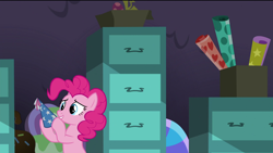 Size: 1920x1080 | Tagged: safe, screencap, character:pinkie pie, species:earth pony, species:pony, episode:the last problem, g4, my little pony: friendship is magic, box, clothing, female, file, file cabinet, happy, hat, mare, party cave, party hat, smiling, solo, wrapping paper