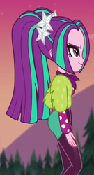 Size: 542x1002 | Tagged: safe, screencap, character:aria blaze, equestria girls:sunset's backstage pass, g4, my little pony:equestria girls, arse-ia blaze, ass, butt, clothing, cropped, female, jacket, outdoors, pigtails, solo, twintails