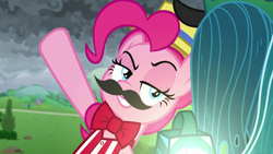 Size: 1920x1080 | Tagged: safe, screencap, character:pinkie pie, character:queen chrysalis, species:earth pony, species:pony, episode:the ending of the end, g4, my little pony: friendship is magic, boater hat, bow tie, carny, clothing, evil grin, fake moustache, female, gesture, grin, grogar's bell, hat, lidded eyes, mare, raised eyebrow, raised hoof, smiling, striped shirt
