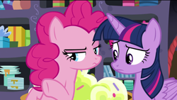Size: 1920x1080 | Tagged: safe, screencap, character:pinkie pie, character:twilight sparkle, character:twilight sparkle (alicorn), species:alicorn, species:earth pony, species:pony, episode:the last problem, g4, my little pony: friendship is magic, box, confused, cupcake, female, food, gift box, mare, party cave, plate, suspicious