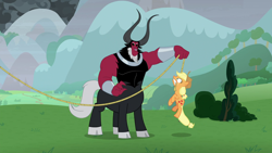 Size: 1920x1080 | Tagged: safe, screencap, character:applejack, character:lord tirek, species:centaur, species:earth pony, species:pony, episode:the ending of the end, g4, my little pony: friendship is magic, annoyed, bush, clothing, cloven hooves, colored hooves, cowboy hat, female, hat, lasso, lifting, male, mare, mountain, mouth hold, nose piercing, nose ring, piercing, rope, tree, wide eyes