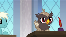 Size: 1920x1080 | Tagged: safe, screencap, species:earth pony, species:griffon, species:pony, episode:the last problem, g4, my little pony: friendship is magic, background griffon, background pony, chickub, clean slate, desk, garrick, happy, male, quill, quill pen, raised arm, school of friendship, smiling, stallion