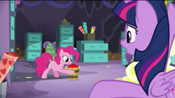 Size: 1920x1080 | Tagged: safe, screencap, character:pinkie pie, character:twilight sparkle, character:twilight sparkle (alicorn), species:alicorn, species:earth pony, species:pony, episode:the last problem, g4, my little pony: friendship is magic, bucket, drawer, female, file, file cabinet, happy, horn, licking, licking lips, mare, party cave, sad, smiling, tongue out, worried, wrapping paper