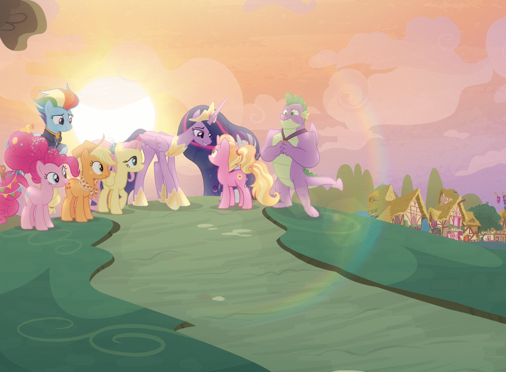 Size: 1000x736 | Tagged: safe, screencap, character:applejack, character:fluttershy, character:luster dawn, character:pinkie pie, character:rainbow dash, character:rarity, character:spike, character:twilight sparkle, character:twilight sparkle (alicorn), species:alicorn, species:dragon, species:earth pony, species:pony, species:unicorn, episode:the last problem, g4, my little pony: friendship is magic, animated, cropped, cute, gif, gigachad spike, goodbye, hopping, horses doing horse things, jumping, lusterbetes, older, older applejack, older fluttershy, older pinkie pie, older rainbow dash, older rarity, older spike, older twilight, princess twilight 2.0, pronking