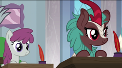 Size: 1920x1080 | Tagged: safe, screencap, character:berry cola, character:summer chills, species:earth pony, species:griffon, species:kirin, species:pony, episode:the last problem, g4, my little pony: friendship is magic, background kirin, background pony, desk, female, mare, quadrupedal, quill, quill pen, school of friendship
