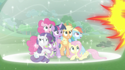 Size: 1920x1080 | Tagged: safe, screencap, character:applejack, character:fluttershy, character:pinkie pie, character:rainbow dash, character:rarity, character:spike, character:twilight sparkle, character:twilight sparkle (alicorn), species:alicorn, species:dragon, species:pegasus, species:pony, species:unicorn, episode:the ending of the end, g4, my little pony: friendship is magic, :o, blast, crouching, female, gritted teeth, happy, magic, magic blast, magic bubble, mane seven, mane six, mare, nervous, open mouth, sitting, smiling, surprised