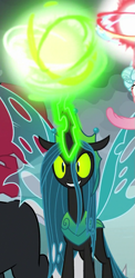 Size: 513x1053 | Tagged: safe, screencap, character:cozy glow, character:lord tirek, character:queen chrysalis, species:alicorn, species:centaur, species:changeling, species:pony, episode:the ending of the end, g4, my little pony: friendship is magic, alicornified, changeling queen, cropped, evil grin, female, filly, flying, former queen chrysalis, glowing horn, grin, horn, magic, magic ball, male, powering up, race swap, smiling, solo focus, spread wings, trio, ultimate chrysalis, wings