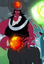Size: 731x1059 | Tagged: safe, screencap, character:lord tirek, character:queen chrysalis, species:centaur, species:changeling, episode:the ending of the end, g4, my little pony: friendship is magic, changeling queen, cropped, duo, evil grin, female, former queen chrysalis, grin, magic, magic ball, male, nose piercing, nose ring, piercing, powering up, smiling, solo focus, ultimate chrysalis