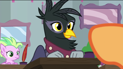 Size: 1920x1080 | Tagged: safe, screencap, character:scootaloo, species:griffon, species:hippogriff, species:pegasus, species:pony, episode:the last problem, g4, my little pony: friendship is magic, background griffon, background hippogriff, clothing, desk, female, fledgeling, georgia (character), quill, quill pen, scarf, school of friendship