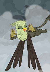 Size: 737x1060 | Tagged: safe, screencap, character:gemma, species:griffon, episode:the ending of the end, g4, my little pony: friendship is magic, background griffon, cropped, female, flying, mocking, raspberry, tongue out