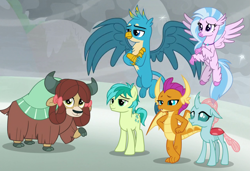 Size: 1281x875 | Tagged: safe, screencap, character:gallus, character:ocellus, character:sandbar, character:silverstream, character:smolder, character:yona, species:changedling, species:changeling, species:classical hippogriff, species:dragon, species:earth pony, species:griffon, species:hippogriff, species:pony, species:reformed changeling, species:yak, episode:the ending of the end, g4, my little pony: friendship is magic, animation error, best friends, bow, cloven hooves, colored hooves, cropped, crossed arms, crossed legs, dragoness, female, flying, hair bow, hands on hip, horns, jewelry, lidded eyes, male, monkey swings, necklace, raised eyebrow, size difference, smiling, smugder, spread wings, student six, teenaged dragon, teenager, wings