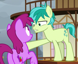 Size: 1033x847 | Tagged: safe, screencap, character:berry punch, character:berryshine, character:sandbar, species:pony, episode:the ending of the end, g4, my little pony: friendship is magic, cropped, eye contact, female, looking at each other, male, mare, narrowed eyes, ponyville, ponyville town hall, soapbox, teenager, wide eyes